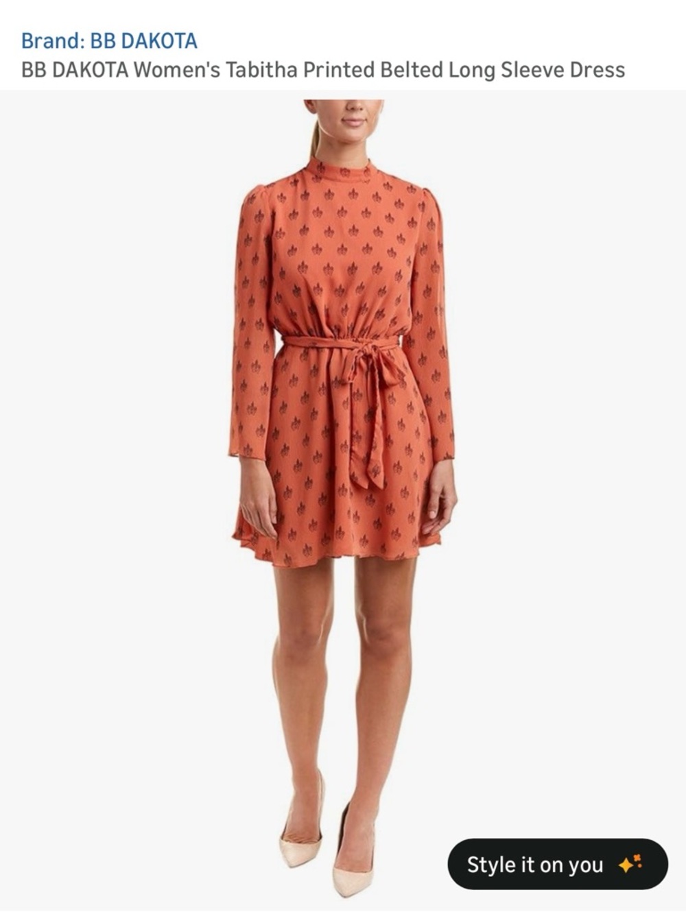 BB DAKOTA Rust Printed Long-Sleeve Belted Mini Dress